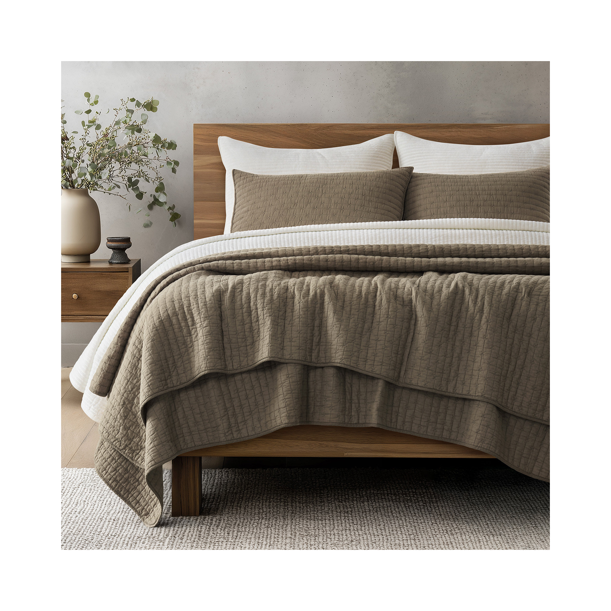 Cross Stitch Cotton Quilt set, Mocha Brown, Queen
