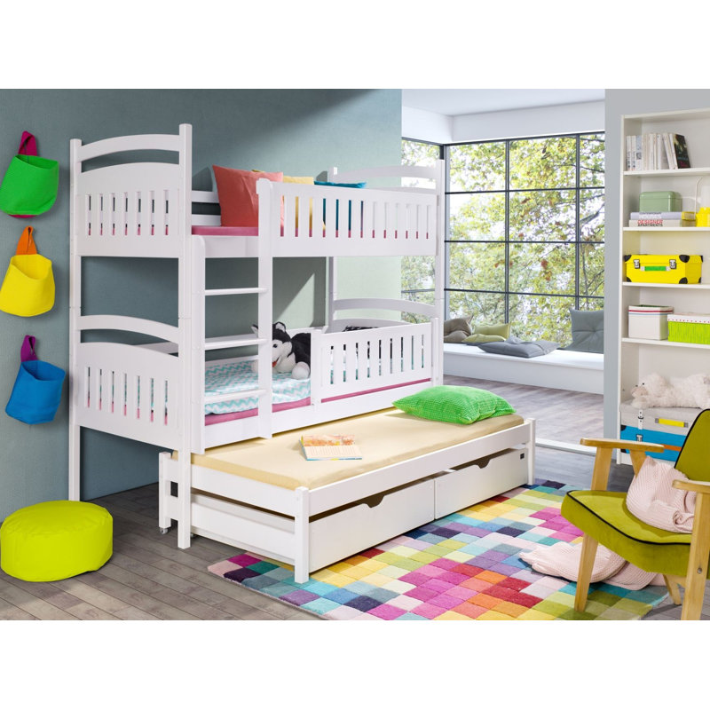 Azaiah Bunk Bed with Storage Included with Built-in Ladder Included with Trundle Included, White, Ladder on the Left