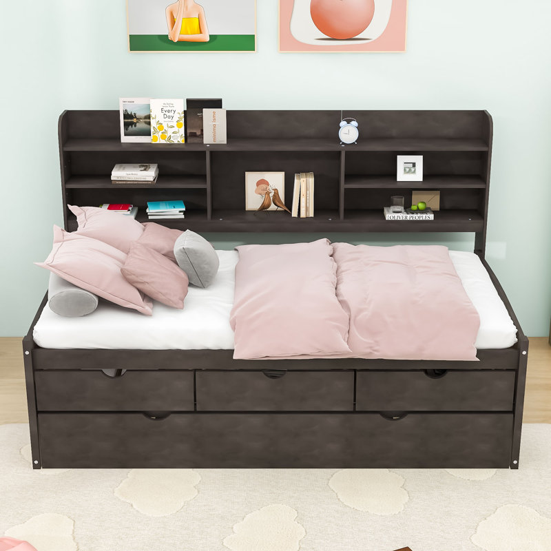 Twin Size 3 Drawers Wooden Captain Bed with Trundle, Antique Brown