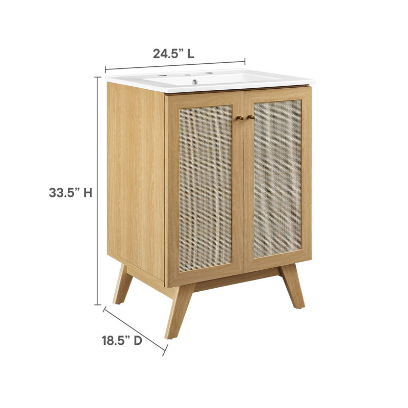 Soma 24" Oak and White Freestanding Bathroom Vanity with Rattan Detail
