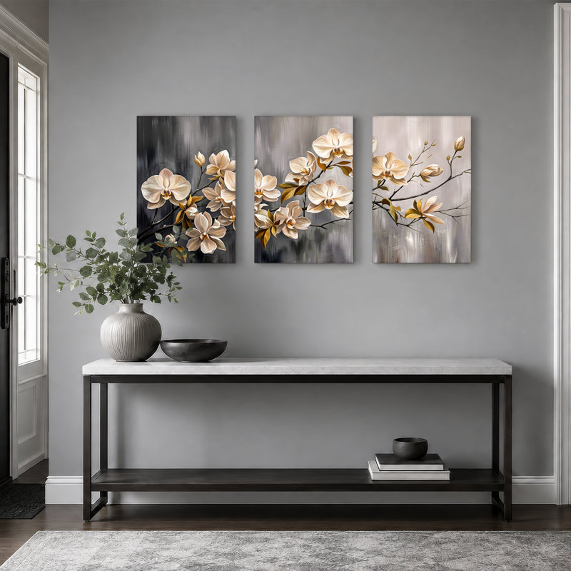 Orchidées crème avec feuilles dorées sur fond gris, ensemble de 3 toiles, 18"H x 12"W x 3pcs