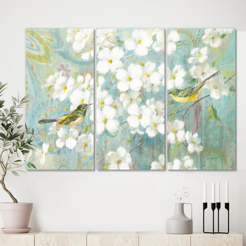 « oiseaux on floral », reproduction d’image multi-pièces sur toile tendue, H 28 po x l 36 po x P 1 po