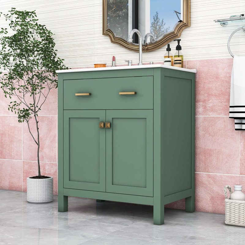 Meuble-lavabo de salle de bain avec portes à fermeture douce et tablette, Vert, Or