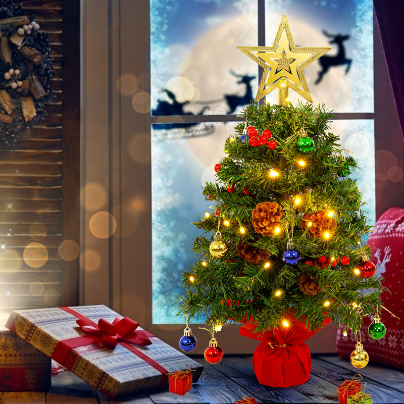 2ft Artificial Green Tabletop Christmas Tree with Pine Cone Red Fruit Gold Star Ball Decorations and LED String Lights