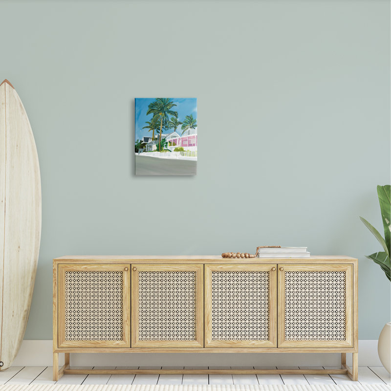 Palmiers tropicaux, maisons de vacances d'été par Amelia Noyes - Peinture, H 20 po x l 16 po x P 1,5 po, Toile tendue
