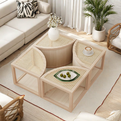 4 Pieces Round To Square Block Modular Coffee Table With Natural Rattan And 2 Tiers