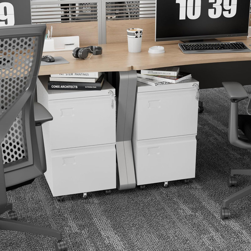 2 Drawer File Cabinet with Wheels, Lockable Metal Filing Cabinet with Business Card Slot for Legal/Letter Size Home Office, Required Assembled,White