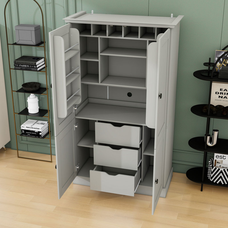 Garde-manger en bois avec tiroirs, tablettes amovibles et porte-bouteilles, Gris