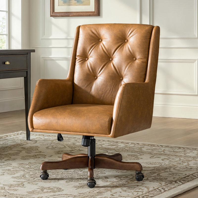 Kairos Transitional Leather Swivel Desk Chair with Adjustable Height and Button-Tufted Backrest, Camel