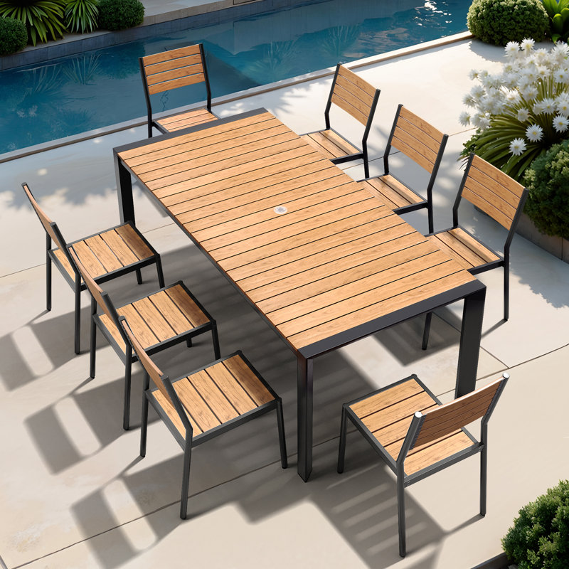 8 - Person 84'' W X 39'' D Rectangular Aluminum Dining Set with Stackable Chairs, Brown/Black