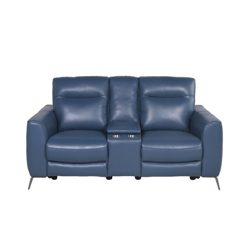 Causeuse à console haute - cuir fleur, double puissance, bleu océan - repose-pieds escamotable, pieds chromés évasés, aspect meuble Motion