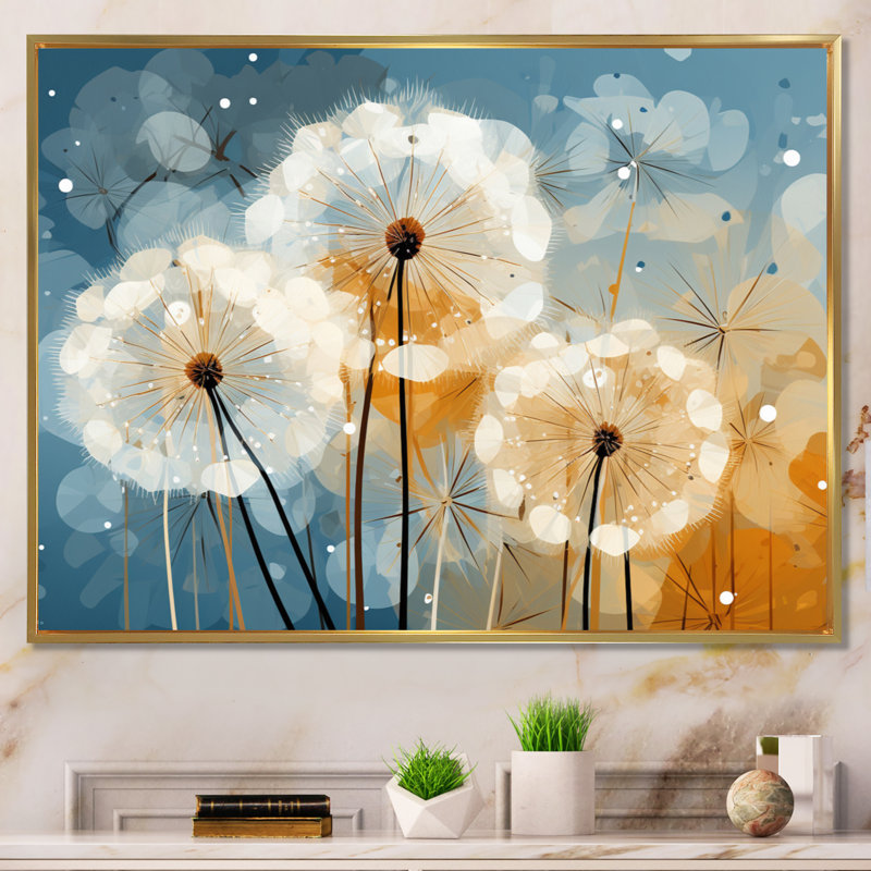 Dandelion Natures Sunbursts I - Pissenlit, art mural, H 24 po x l 32 po, Encadrement doré