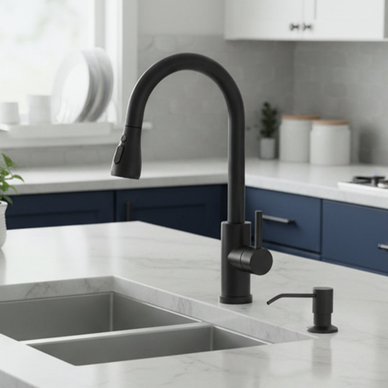 Robinet de cuisine rétractable High-Arc - acier inoxydable SUS 304 - poignée simple, finition noir mat