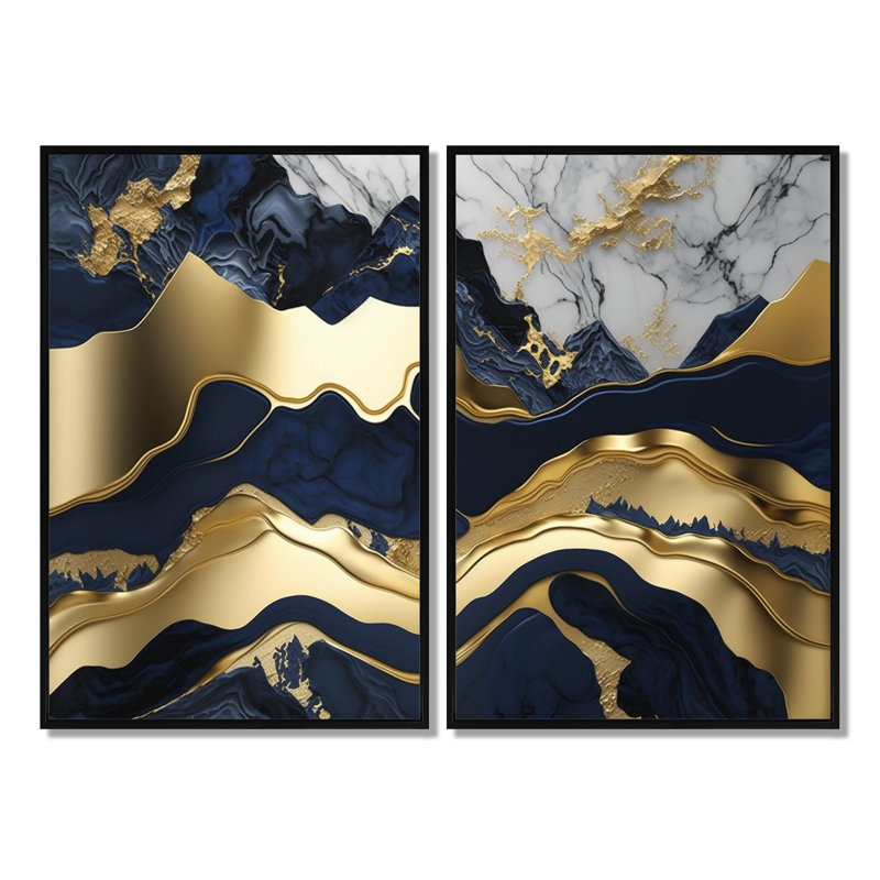 Bleu et or hypnotisant marbre Abstraction I - art mural moderne doré, H 36 po x l 48 po, Impression encadrée flottante, Noir