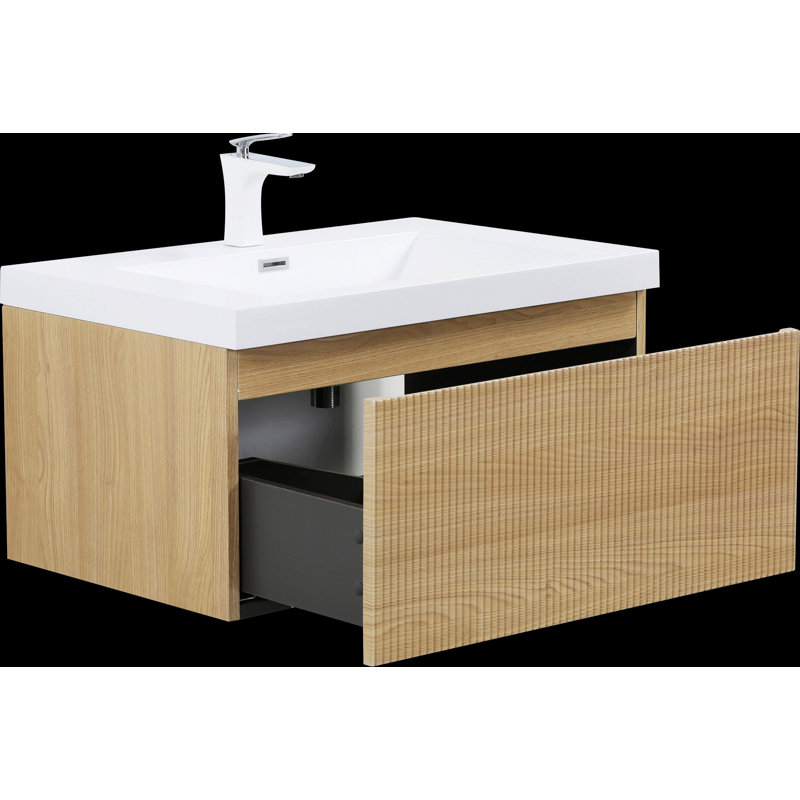 Meuble-lavabo de salle de bain mural avec tiroirs à fermeture en douceur, Chêne bois naturel / blanc cassé