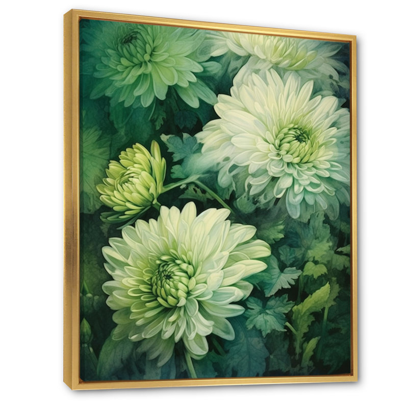 «Green Green Chrysanthemums Melody III», reproduction sur toile, Cadre flottant doré, H 20 po x l 12 po x P 1 po
