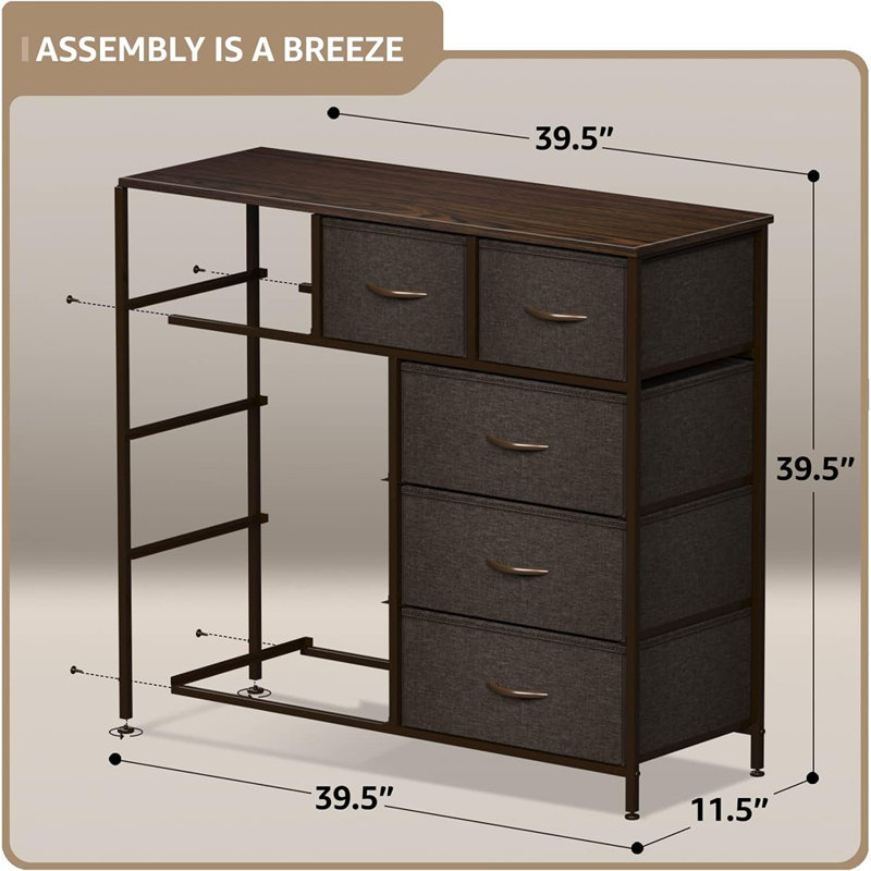 Commode 9 tiroirs Sorbus avec structure en acier et plateau en bois, brun, Brun