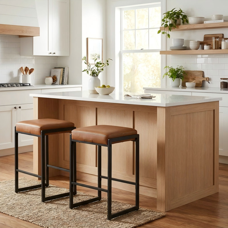 Counter Height Bar Stools, Synthetic Leather with Stitching, Brown