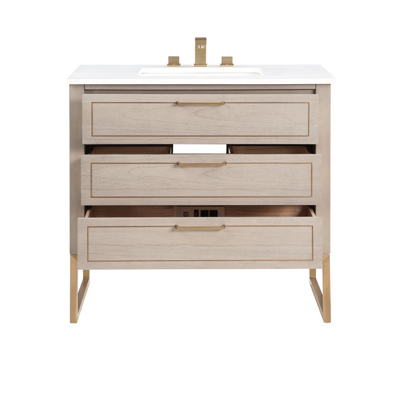 Markham 36'' W Single Vanity, Cashmere Gray, White Quartz, Satin Brass