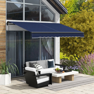 10' X 8' Patio Awning Retractable, Sunshade With Manual Adjustability. 280gsm Fabric, Aluminum Structure. Blue For Deck, Balcony, Yard Retractable Sun Awning, Shelter Operation. Uv30+ Protected