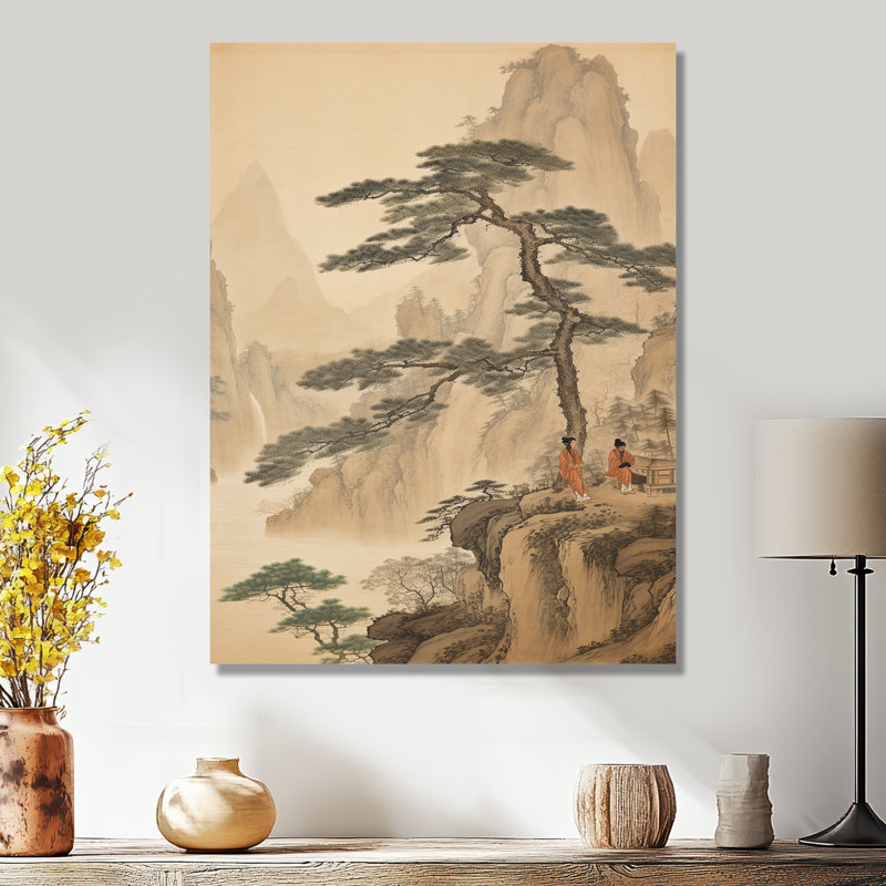 Arbre chinois rétro, paysage, montagnes, art mural, Métal métal, H 32 po x l 24 po x P 1 po