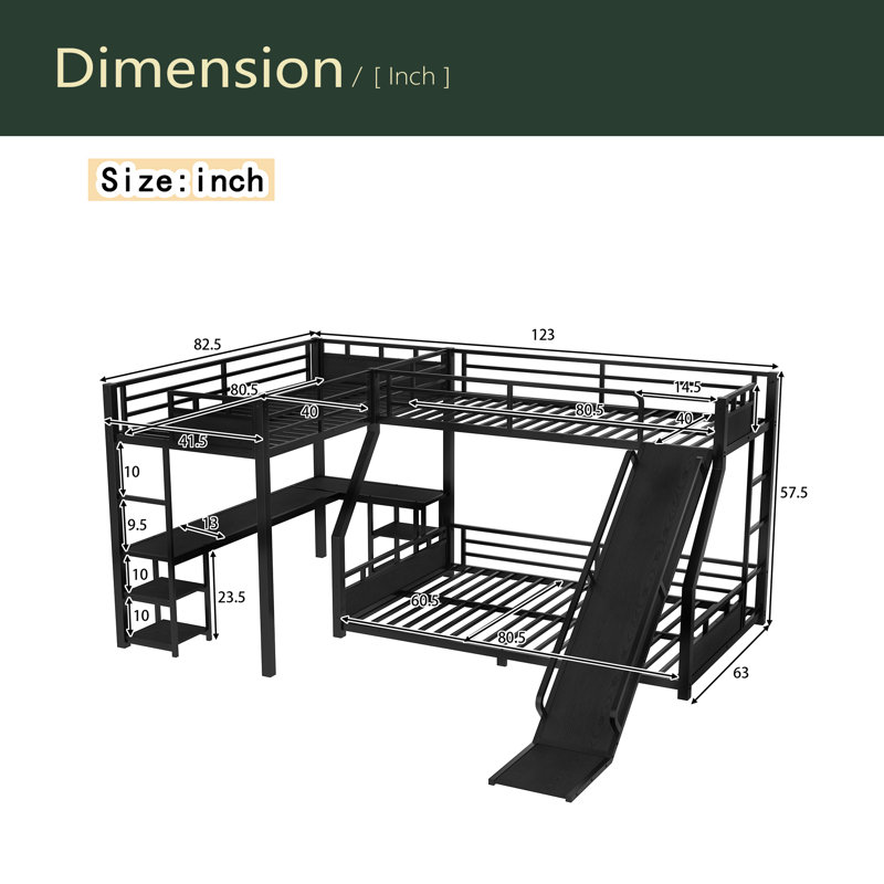 Lit superposé en L avec lit mezzanine et bureau en L, Simple TG sur grand