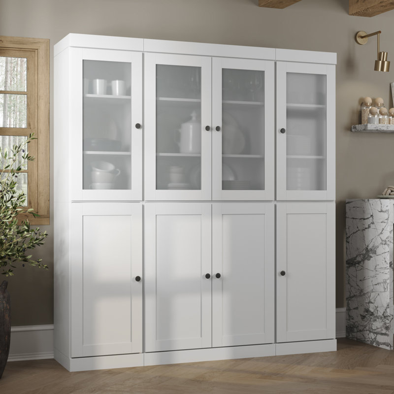 Armoire de cuisine 100% en bois massif, grand rangement modulaire autoportant avec portes en verre givré et shaker et 2 tiroirs, tablettes réglables, l 65 po x H 71,5 po