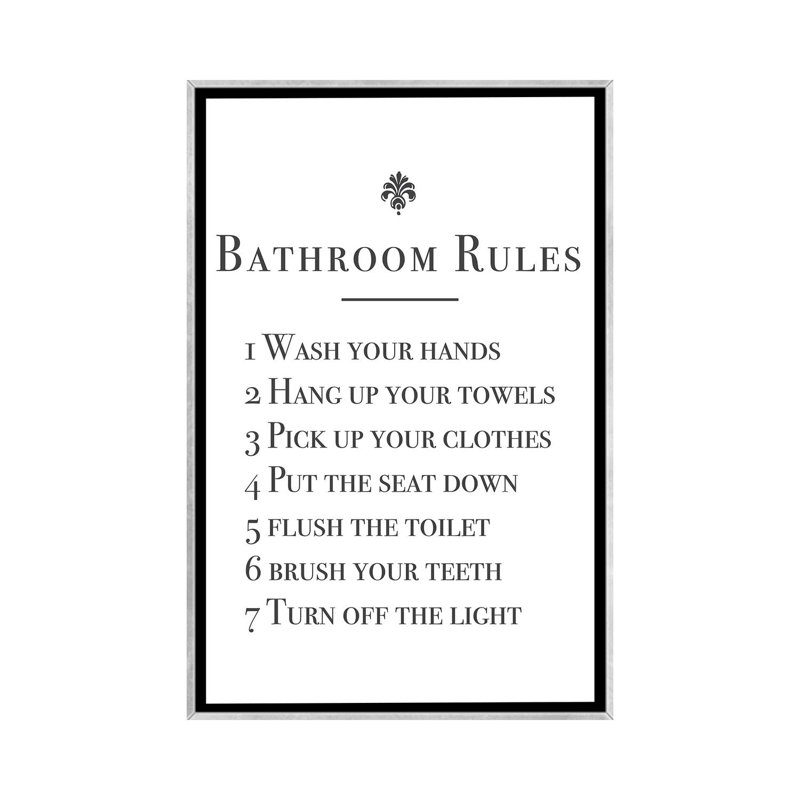 Salle de bain-impression d’art textuel, H 26 po x l 18 po x 1,5 po, Toile avec cadre argenté, Pas de tapis