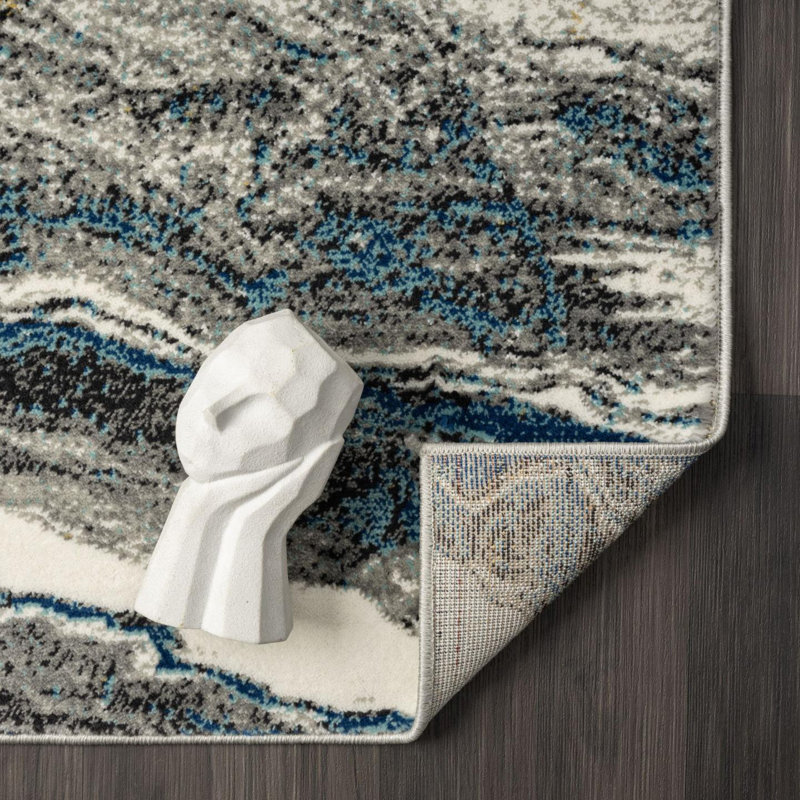 Tapis rectangulaire en polypropylène abstrait gris / bleu / crème Victoria, Rectangle 5 pi x 7 pi