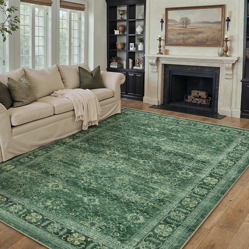 Ladonya Vintage Washable Green Area Rug wuth Non-Slip Backing, Rectangle 8' x 10'