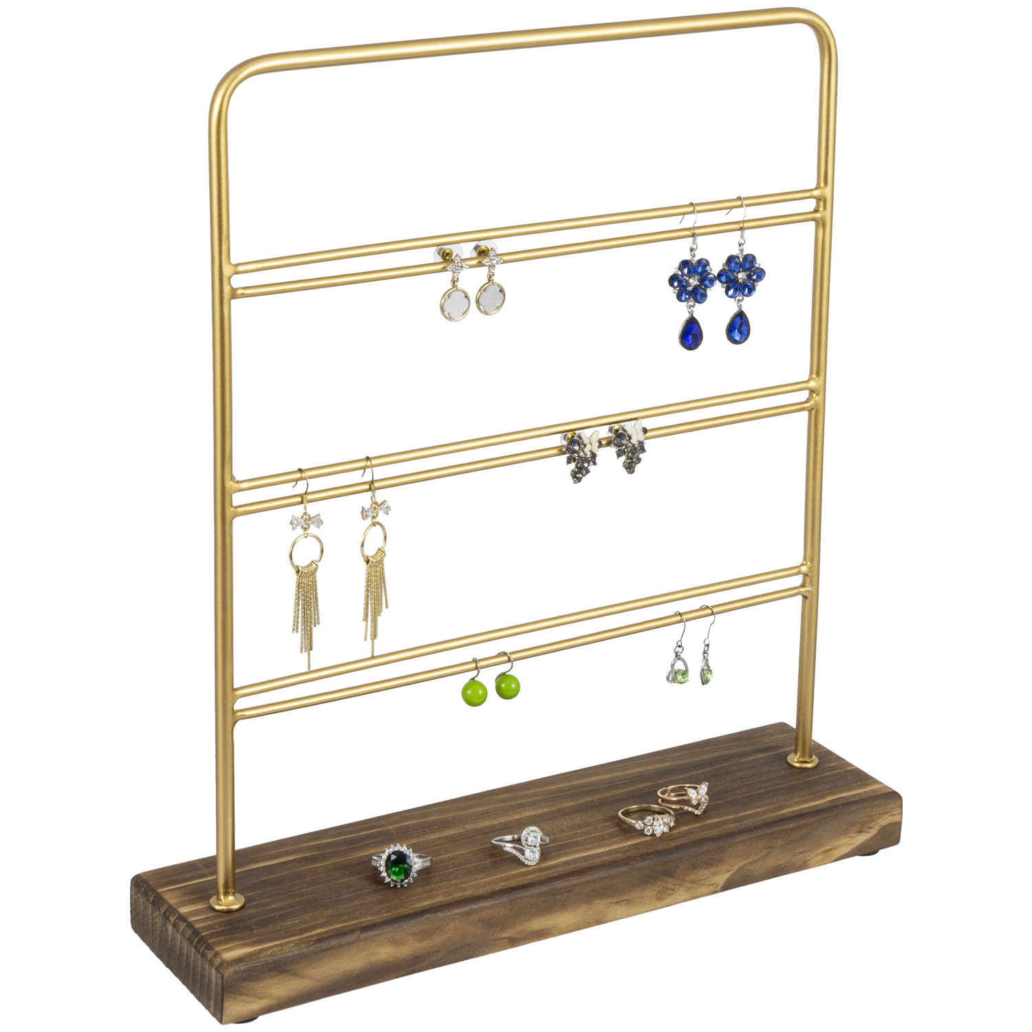 Tiered Brass Tone Metal Tabletop Jewelry Tower, Necklace Hanger, Earring  Organizer Rack with Ring Dish Tray