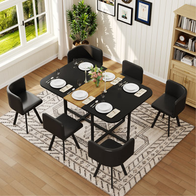 Ensemble de table de salle à manger 7 pièces avec 6 chaises en cuir ciré noir, table de triamine à grain de bois noir et bois, mobilier de salle à manger industriel moderne pour petits espaces, appartement, restaurant