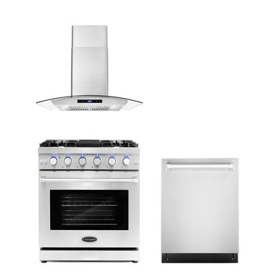 Cosmo 3 Piece Kitchen Appliance Package with 30'' Gas Freestanding Built-In Wall Mount Range Hood