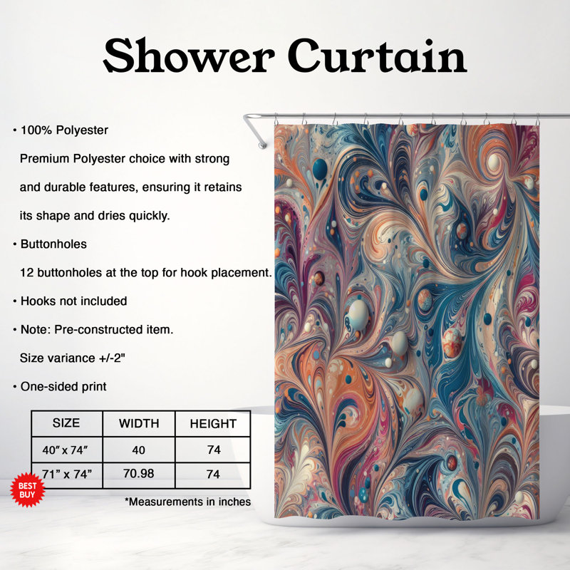 Marble Flow Design - Rideau de douche standard 1 pièce, H 74 po x l 71 po
