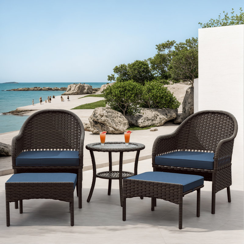 2-Person Elbart Wicker Patio Conversation Set with Side Table，Ottoman & Blue Cushions, Blue