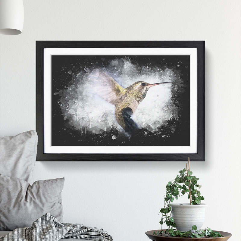 Flying Hummingbird Bird - Picture Frame Graphic Art Print, 24cm H x 33cm W x 2cm D, Black Framed