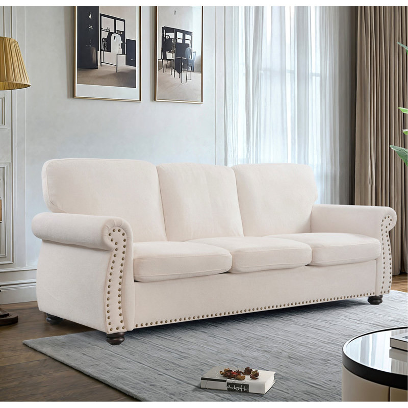 Rolled arm nailhead trim upholsterd loveseat, Ivory, 3