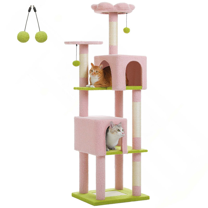 Tour pour chat 62 "à niveaux multiples avec 2 condos spacieux, patin à gratter, 4 poteaux à griffer, 2 perchoirs supérieurs, 2 pompons