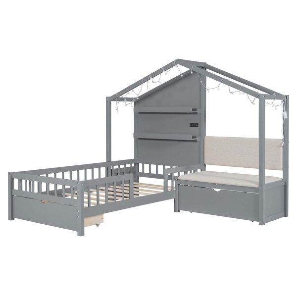 Gracie Oaks Twin Size House Bed With Upholstered Sofa, House Bed With ...