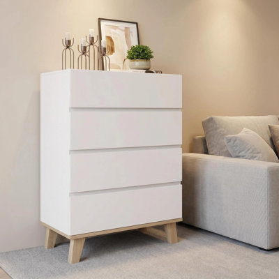 4 Drawer White Dresser, Handle-Free Modern Storage Chest with Solid Natural Wood Legs