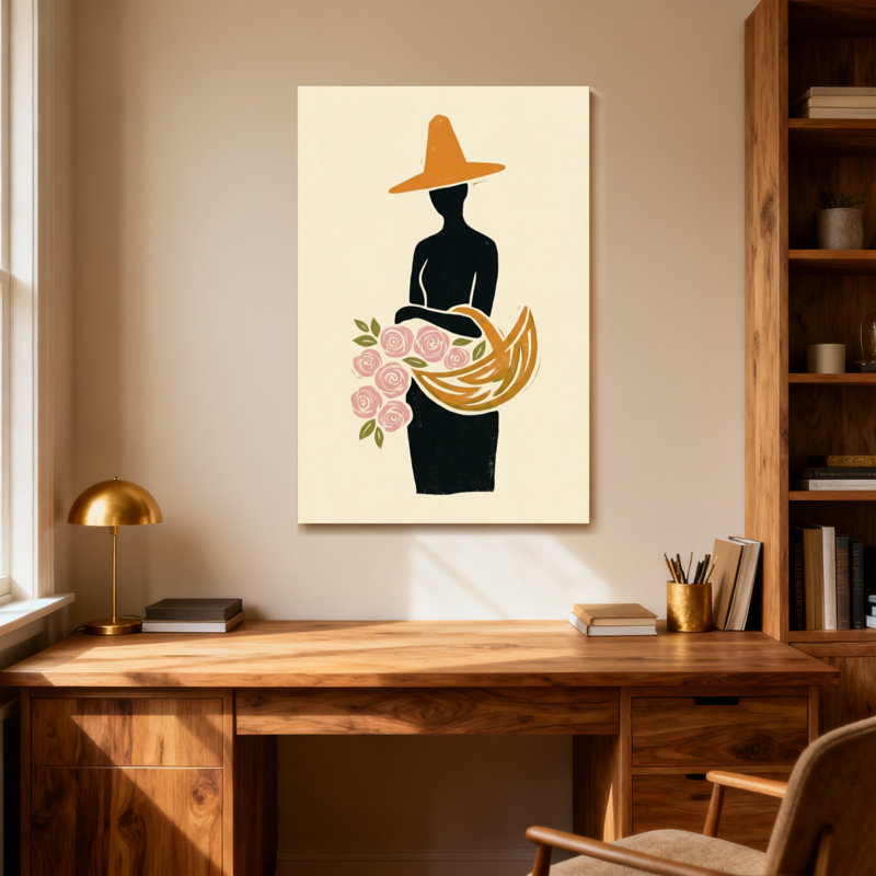 Plantes et fleurs, silhouette d'une femme avec un chapeau et des fleurs, H 18 po x l 12 po