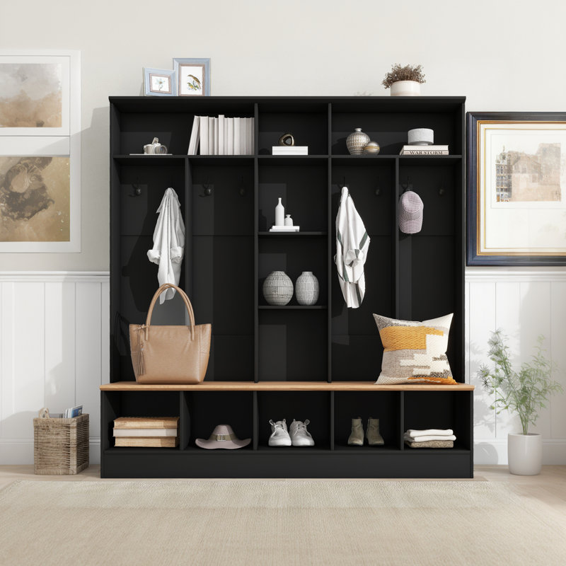 Hall Tree With Storage Bench - Minimalist Shoe Cabinet With Cubby Compartments And Shelves, Black
