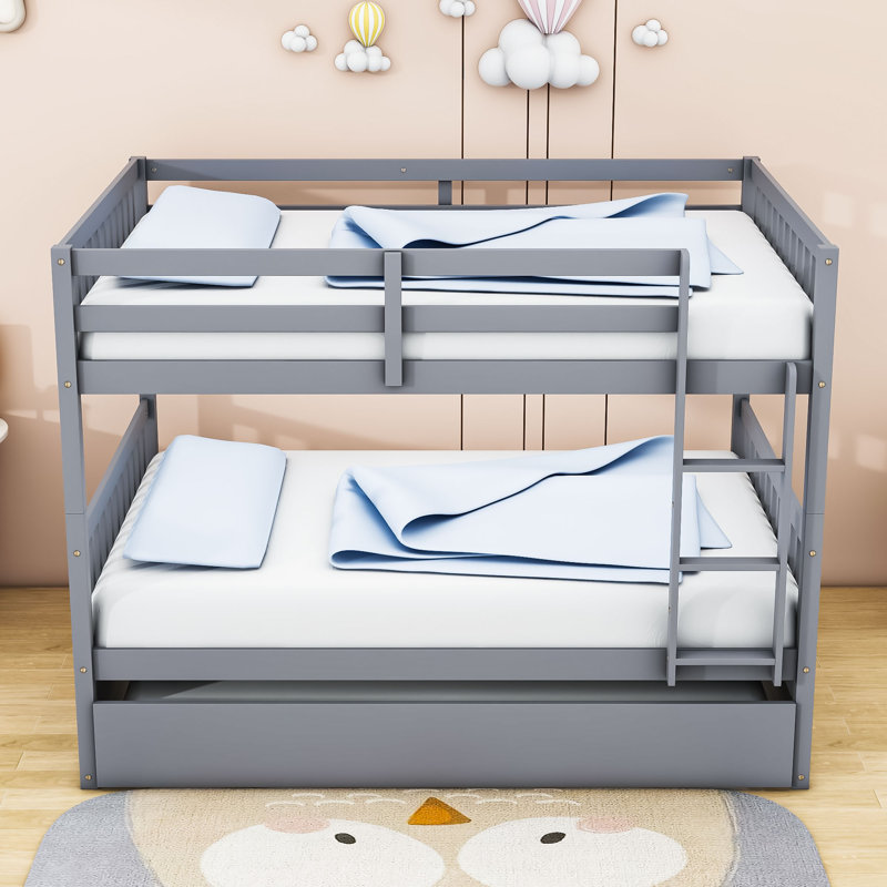 Lit superposé double en bois avec lit gigogne simple, échelle et garde-corps, Grey
