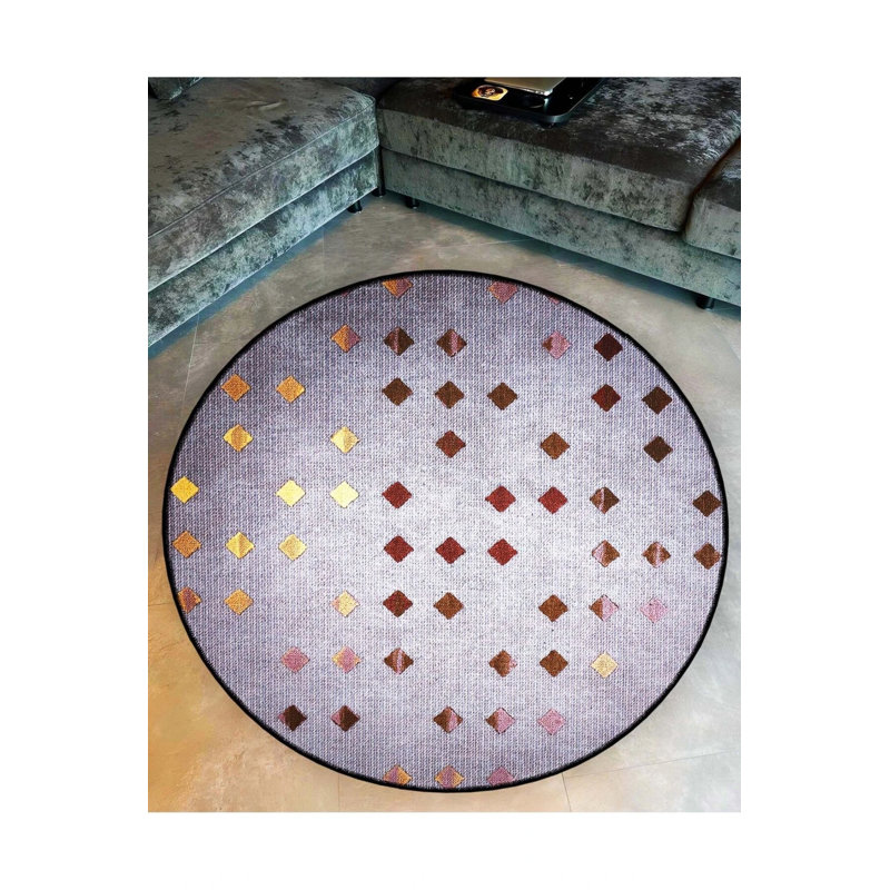Light Gray Base Square Shapes Woven Base Decorative Carpet, Round 3'4"