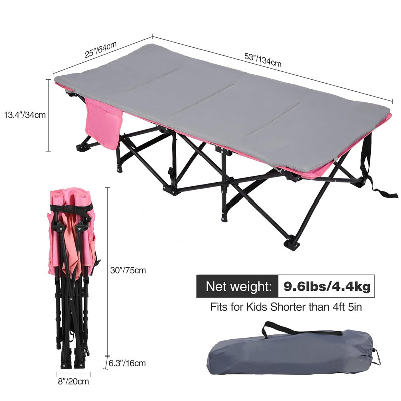 Lit de camp pliant pour enfants avec matelas, d'une capacité de 100 kg, rose