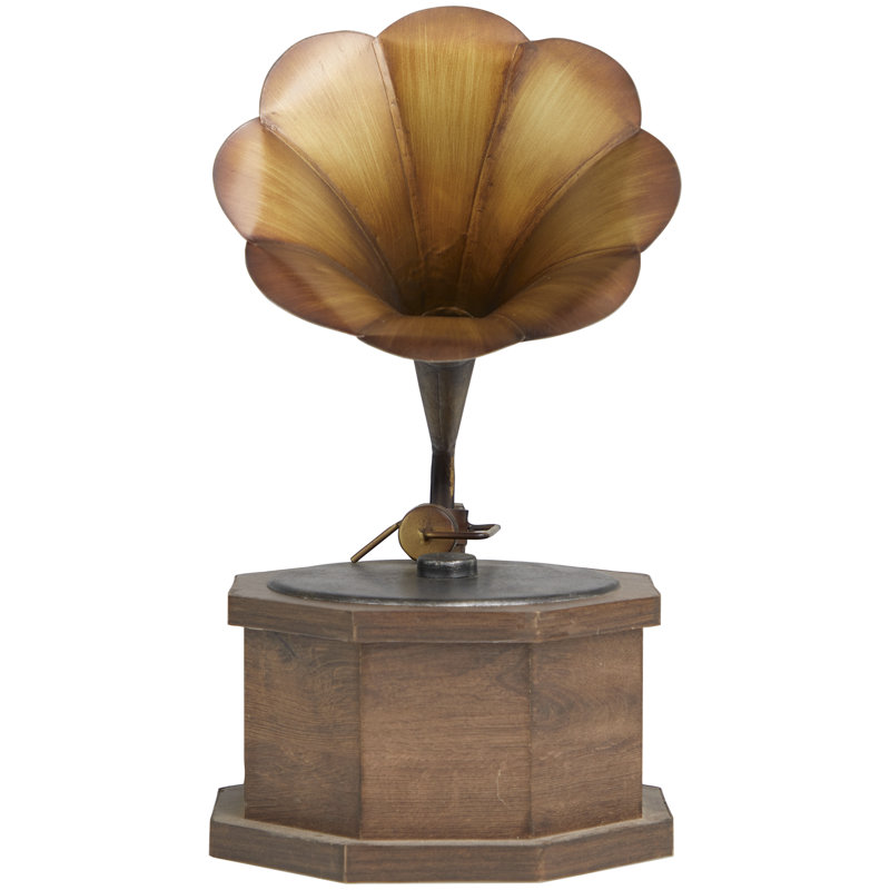 Gramophone en cuivre Frants Wooden Antique Music avec base en bois brun