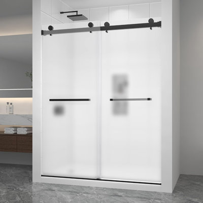 Porte de douche coulissante double sans cadre de 61 à 66 po x H 78 po en noir mat avec verre trempé givré de 1/4 po et poignée double