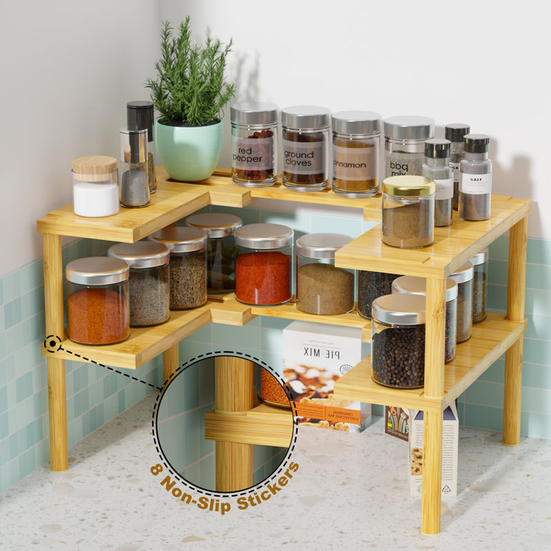 Ensemble de 2 étagères à épices pour armoire, ensemble de 2 tablettes de rangement en bambou extensible et empilable, Naturel