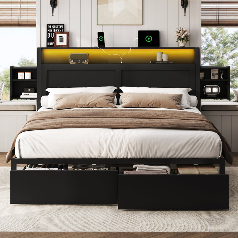 King Bed Frame with Storage Drawers & Headboard, Platform Bed with Led Light & Charging Station, Black, Black, King