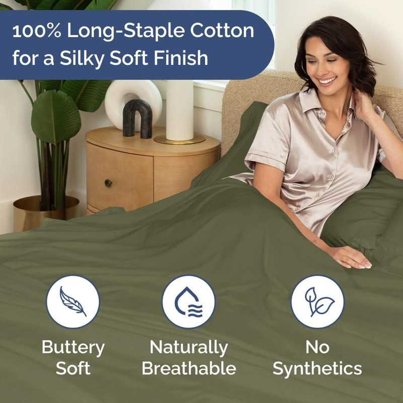 400 Thread Count Cotton Flat Sheet – Cooling, Breathable & Soft Top Sheet, Full, Sage Green